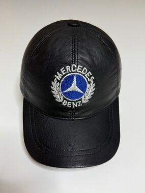 Vintage Mercedes Benz Racing Leather Strapback Hat Cap Adjustable One Size Black